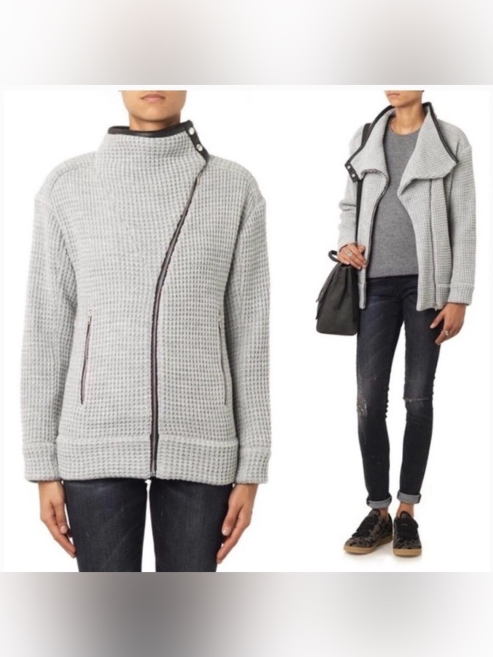 IRO Light Gray Waffle Knit Asymmetrical Zip Cardigan-leather Trim
